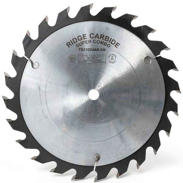 Ridge Carbide 10" 24T Super Combination Table Saw Blade, Alternate Raker Grind (2+1),+20° Hook, 5/8" Bore, Plate Thickness 0.087", Full Kerf (0.125") for Cutting Wood and Sheet Goods-0